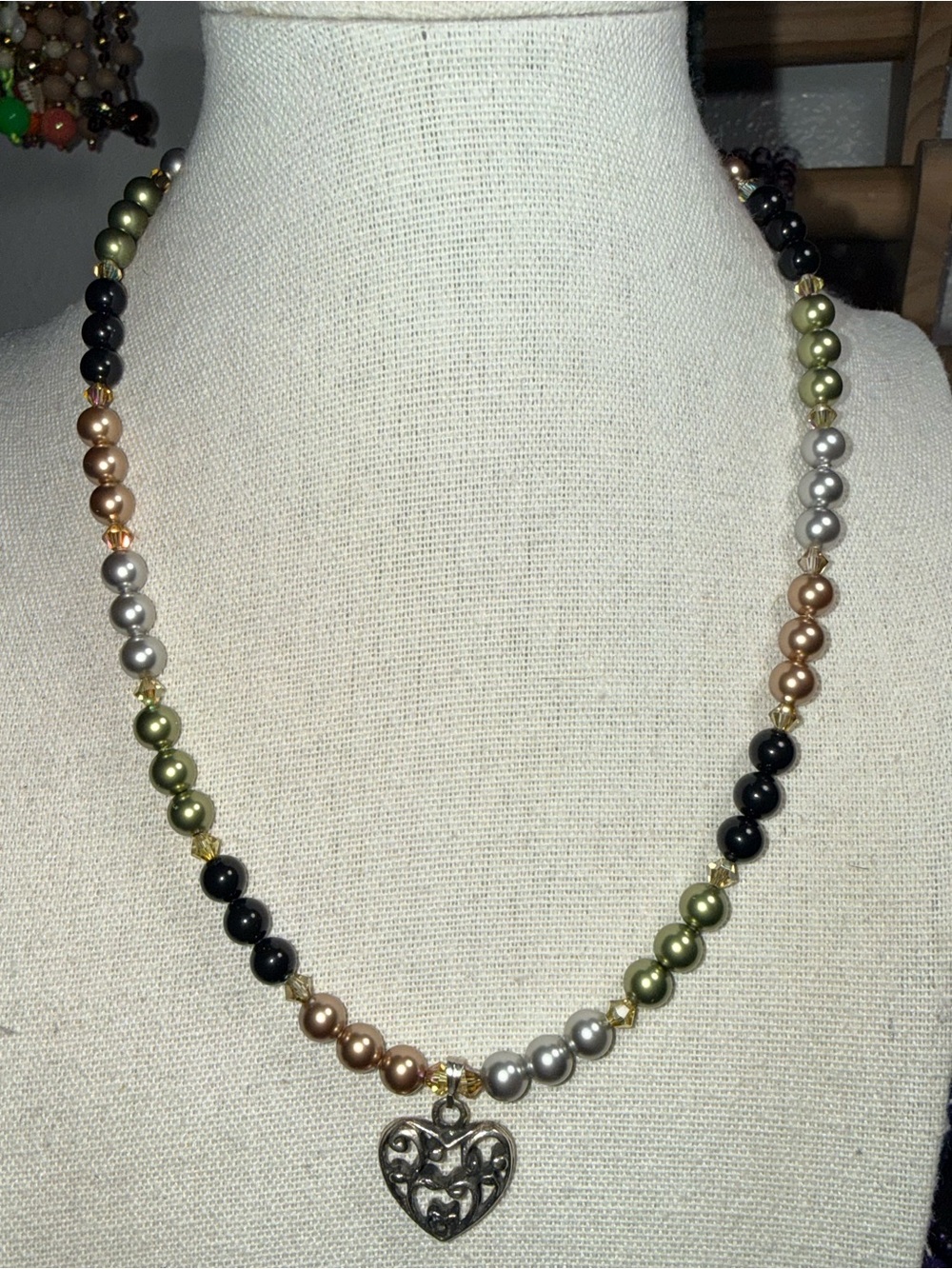 Glass Pearl Necklace with Swarovski Crystals & Mykonos Heart 🤍